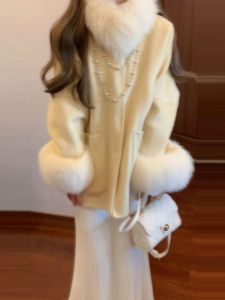 CHANGTONG | Áo khoác len ngắn có mũ trùm đầu sang trọng thời trang thu đông cho nữ dáng rộng có túi màu trơn không tay dài