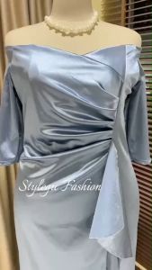 SG974 ชุดราตรีผ้าซาตินยืดหยุ่น ผ้ามีน้ำหนัก เงาสวย แขนสามส่วน ระบายพรางหุ่น #สาวอวบ #สาวพลัสไซส์