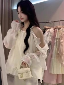 XUECAIQI | French Style Slimming Summer New Large Size Ladies Off-Shoulder Blouse and High Waist Skirt