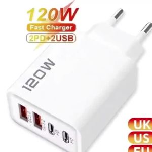 4 Port 120W USB C Fast Charger Station PD QC3.0 Wall Adapter Data Cable For iPhone Samsung Xiaomi Huawei EU US UK Plug Travel