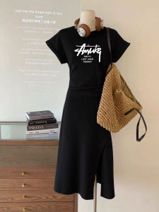 Black Short Sleeve T-Shirt Womens Long Skirt 2025 New Summer Letter Slit Slimming French Style Dress Mid-Length A-Line Silhouette