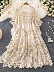 Spring Summer New Hollow out Knitted Dress Fashionable Loose Sleeve Midi Skirt Elegant Lady Style Korean Version Hollow out Knit Dress