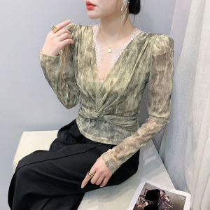 REHIN Spring Summer Tie-Dye Hot Drilling Lace V-Neck Layered Mesh Long-Sleeve T-shirt Elegant Fashion Blouse