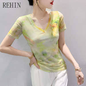 REHIN New Summer Fashion Mesh Printed Short Sleeve V-neck T-shirt Slimming fit Korean Stylish Womens Top
