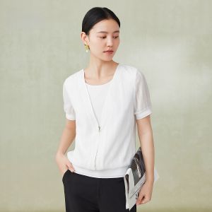 Finidi Short Sleeve Fake Two-Piece White Lace Trim Chiffon Top Summer 2024 New Zipper Decorated Womens Fashion Casual V-neck