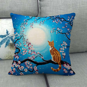 Cute Animals Throw Pillowcase Cat In Sakura Tree Moon Cushion Cover 45x45cm Living Room Decoration Linen Pillow Cover Home Decor