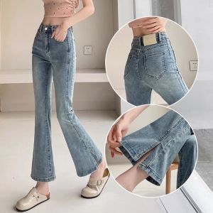Micro Flared Denim Jeans Womens High Waist Nine Points Pant High Wasit Side Slit Splice Casual Style Cotton Stretch Blue Jeans