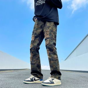 Trendy Vintage Mens Camouflage Jeans High Street Wear Distressed Denim Straight Leg Loose Fit Youthful Style All Seasons
