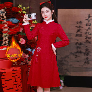 Red Fleece Lined Thickened Autumn Winter Qipao Dress New Chinese Style New Year Visit Costume Long Sleeve Plant Floral Pattern