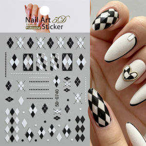 1Pcs 5D Black White Rhombus Plaid Dots Nail Stickers Classic Retro Chessboard Self-Adhesive Nails Decals Grids Manicure Slider 1