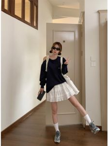 Sweet And Cool plus Size Womens Casual Set High Waist Butterfly Knot Sweatshirt And Cake Skirt Half-length Skirt Autumn Wear
