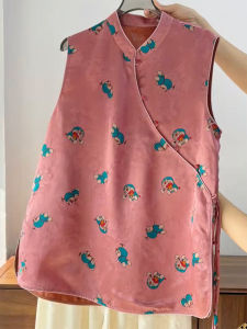 QINGNAER | New Traditional Chinese Style Pink Floral Print Sleeveless Summer Shirt