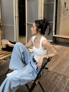 Chen Mi Fan White Knitted Strap Vest Womens Short Sleeveless Square Collar Summer New Style Inner Wear Top Commute Style