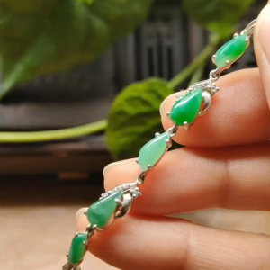 Seven Green Cabochons Natural Type A Jadeite Jade set on S925 as Bracelet (s925b5) - certificate weighs 4.08 g