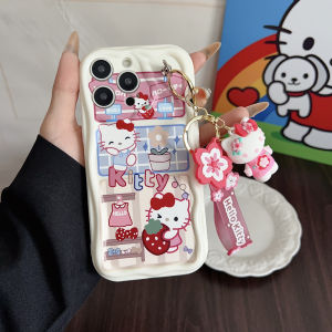 EC For Redmi A1 A2 A1+ A2+ A5 13 13C 14C Note 13 14 Pro Cute Bowknot Cake Kitty Pink Wave Edge Doll with Hand Strap Soft Phone Case