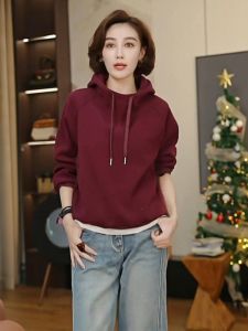 Red Hooded Sweatshirt Womens Thickened Fleece Autumn Winter New Fashion Lazy Ladies Top Long Sleeve Comfortable Fit Pure Color