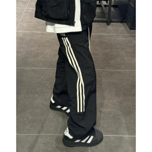 Quick Dry Ice Silk Three Bar Stripe Mens Summer Thin American Retro Workwear Straight Leg Long Pants Casual Sports Trousers