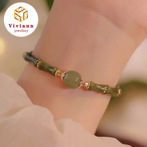 Viviann Original sterling silver Fashion Jewelry Chinese Style Bamboo Joint Jade Bracelet for Women Romantic Green Beaded Jade Bracelet Birthday Gift New Gold Plated Womens Bracelet Bamboo Pattern Green Exquisite Jewelry Gift