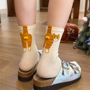 1/2pairs Cartoon Cute Cat 3D Funny Balls Socks Kawaii Kitten Knitting Socks Women Girl Mid-Tube Sleep Sock Cat Print Floor Sock