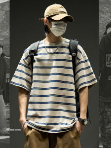 Summer Mens Stripe Short Sleeve T-Shirt Loose Fit Pure Cotton Half Sleeve Fashionable Japanese Brand New 2025 Five-Quarter Length