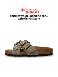 THEMULE | Thick Leather Floral One-strap Cork Sole Womens Sandals