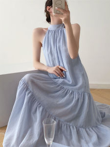 ฤดูร้อน แขวนคอสีฟ้าบริสุทธิ์ แขนกุด เดรส ผู้หญิง สไตล์ฝรั่งเศส ลำลอง หลวม Beach Vacation สายคล้อง เดรส