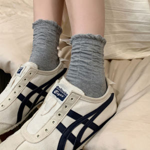 Korean Style Socks Womens Mid Tube Stockings Plaid Ruched Pile Style Wooden Ear Point NEPs Yarn Ins Trendy Milky White Summer Cotton