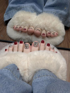 Handmade Detachable Foot Nail Tips Glittering Diamond Embedded Super Shiny Pure Red Color Foot Pedicure Stickers White Enhancing