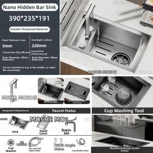 MOSHE | Compact Hidden Island Bar Table Cabinet with Single Sink 304 Stainless Steel