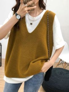 Spring & Fall 2024 New Arrival V-neck Outerwear Cashmere Sweater Vest Vest Womens Loose Pure Color Sleeveless Bandage Dress Sweater