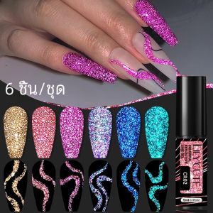 LILYCUTE 6 ชิ้นสะท้อนแสง Glitter Nail Art Liner เจลเล็บที่มีสีสันชุดประกายภาพวาดเจลเล็บกึ่งถาวร UV เจล