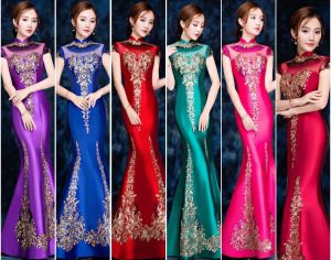 QZ92 runway cheongsam banquet evening dress with fish tail embroidery and sequins for slimming back lace up dress