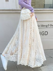 Super Fairy Draping Effect Skirt Mid Length Long Length Womens Crocheted Lace Palace Style Fashion Oversized Swing Cover Mesh Skirt