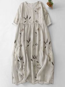 Summer Cotton Linen Long Dress Womens Loose Fitting Maternity Dress Korean Style A-Line Skirt Floral Print round Neck Dress