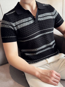 Mens Polo Shirt V-Neck Splice Hollow out Short Sleeve Summer Thin Cool Feeling Breathable Comfortable Casual High-End Feeling Lead T-Shirt