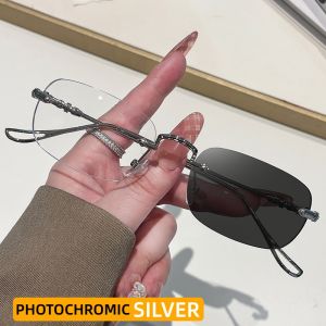 Metal Photochromic Eyeglasses Rectangular Frame Color Changing Frameless Eyewear Outdoor Anti-Blue Light Eye Protection Glasses