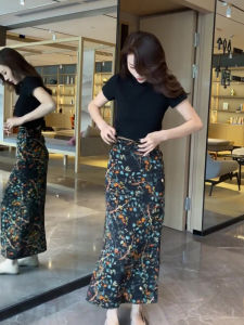 Black Fashion Versatile Short Sleeve Top with Polka Dot Detailing and High Split Skirt for Women Summer Stylish Two-Piece Set