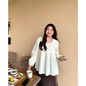 เสื้อแขนยาวลายตุ๊กตาหลวมๆ หรูหราสำหรับผู้หญิงไซส์ใหญ่ ฤดูใบไม้ผลิและฤดูใบไม้ร่วง ดีไซน์ฝรั่งเศส ปกปิดหน้าท้อง แฟชั่นลำลอง