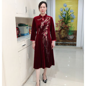 Elegant Chinese Style Velvet Long Sleeve Wedding Dress for Older Women Fashionable Matron of Honor Ceremony Skirt