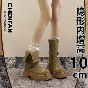 Western Style Thick Bottom Martin Boots Womens round Toe Genuine Leather Chunky Heel Mid-Calf Boots Increased Height 10cm