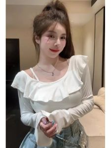 YUEZHONGWEI | Shoulder Bared Long Sleeve White T-Shirt Womens Slim Fit Design Spring Autumn New Style Commute Style Pure Color Korean Version