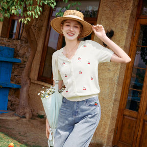 XIANGYING | Cherry Embroidery V-Neck Knit Top Short Sleeve Slim Fit For Petite Women