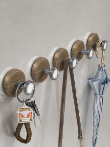 Walnut Texture Rotary Knob Suction Cup Hook Wall Mounted Clothes Hook Storage Rack Bathroom Hanging Rack Easy Installation No Drilling Required