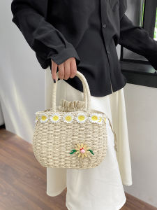 Handwoven Summer Floral Basket Bag Casual Straw Tote Handbag Vacation Beach Leisure Craftsmanship Womens Fashion Accessory