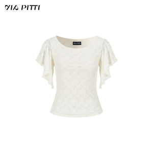 via pitti | Heavy Texture Lace Flying Sleeve Waist-fitted Short Sleeve T-Shirt