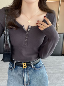 Slim Fit Long Sleeve T-Shirt Womens Square Collar Base Shirt Inner Wear Spring Autumn New Style Blue Low Collar Top Outerwear