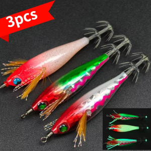 3pieces Laser Reflective & Glow in The Dark Squid Lure Kit Horizontal Glow Shrimp with Feathers Fishing Bait for SquidOctopus