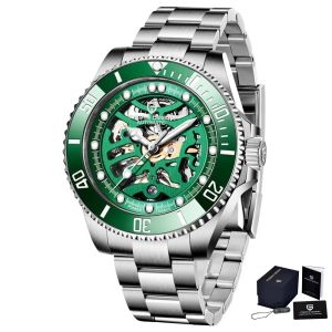 Pagani Design | Pagani Design PD-1659 Men Skeleton Automatic Diver Watch Green Hollow Dial Rotating Ceramic Bezel Stainless Steel Bracelet
