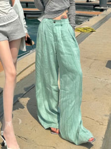 High Waist Straight Leg Cotton Linen Suit Pants Womens Loose Slimming Floor Length Trousers Fashionable Wide Leg Casual Pants