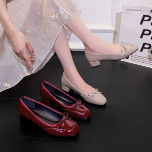 Butterfly Knot Low Heel Flat Bottom Chinese Red Wedding Shoes Womens Fashion Single Shoes Velvet Leather Pig Skin Inner Lining